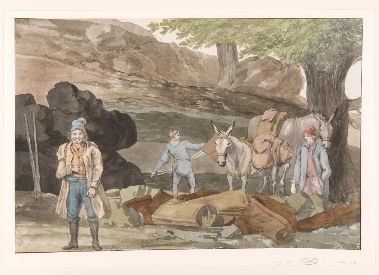 Oponthoud bij de Grotte delle Capre aan de grens bij Nemorosa en Fredda Zatrzymaj się w jaskini delle Capre na granicy dwóch regionów Nemorosa i Fredda (tytuł obiektu) Podróże po Włoszech, Sycylii i Malcie - 1778 (tytuł serii) autorstwa Louis Ducros