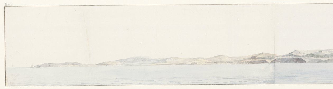 Panorama umieszcza Agrigento w de kust Odległy widok na miasto Girgenti i wybrzeże (tytuł na obiekcie) Podróże po Włoszech, Sycylii i Malcie - 1778 (tytuł serii) autorstwa Louis Ducros