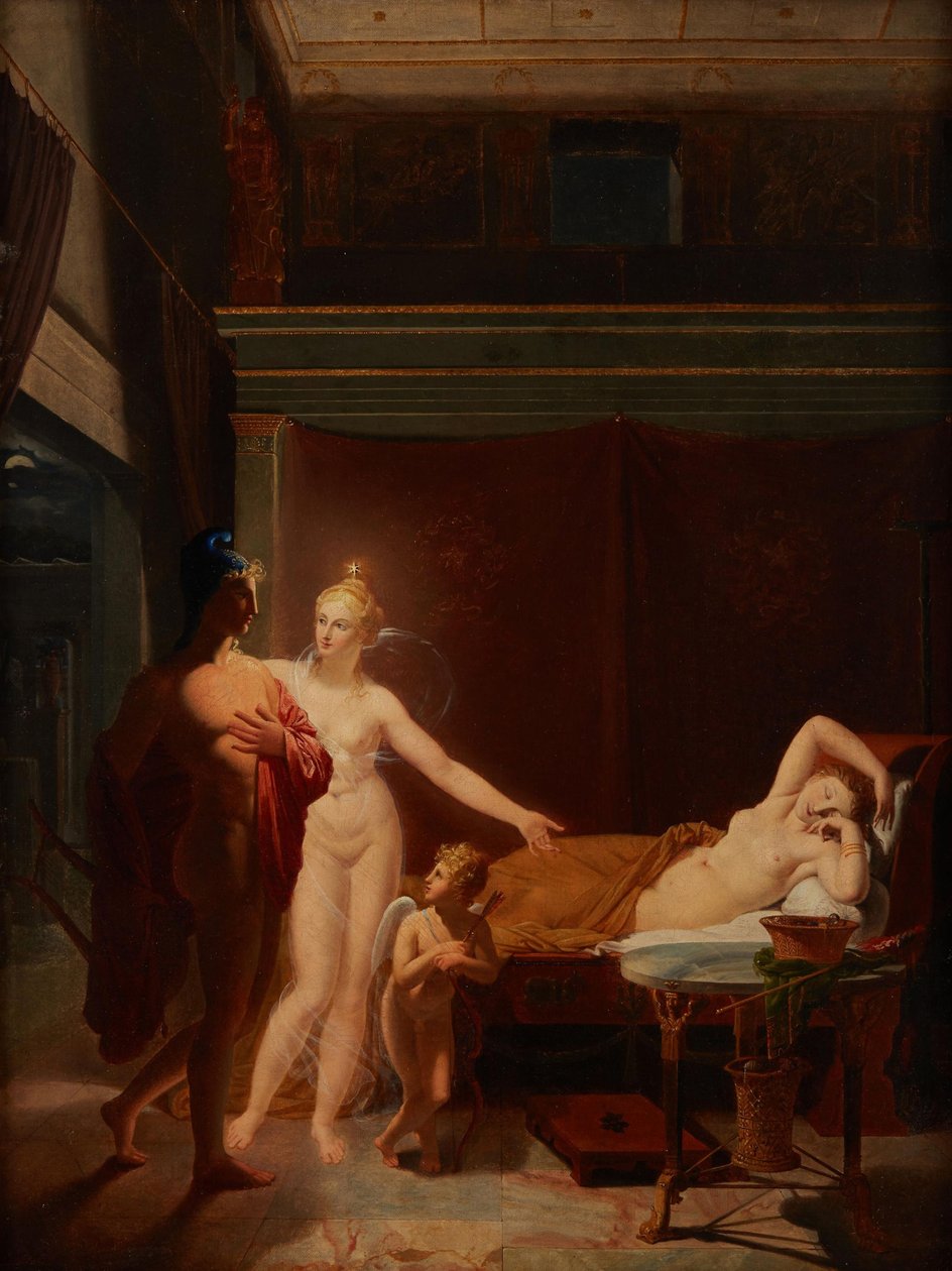 Paris i Helen Venus i Amor eskortują Paryż do sypialni Heleny, 1800. autorstwa Louis Ducros