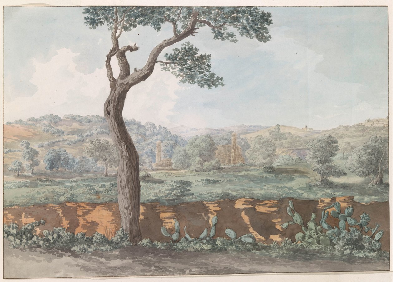 Ruïne van Castor en Pollux tempel binnen muren van oude Agrigento Widok na ruiny Świątyni Kastora i Polluksa na terenie starożytnego Agrigentum (tytuł na obiekcie) Podróże po Włoszech, Sycylii i Malcie - 1778 (tytuł serii) autorstwa Louis Ducros