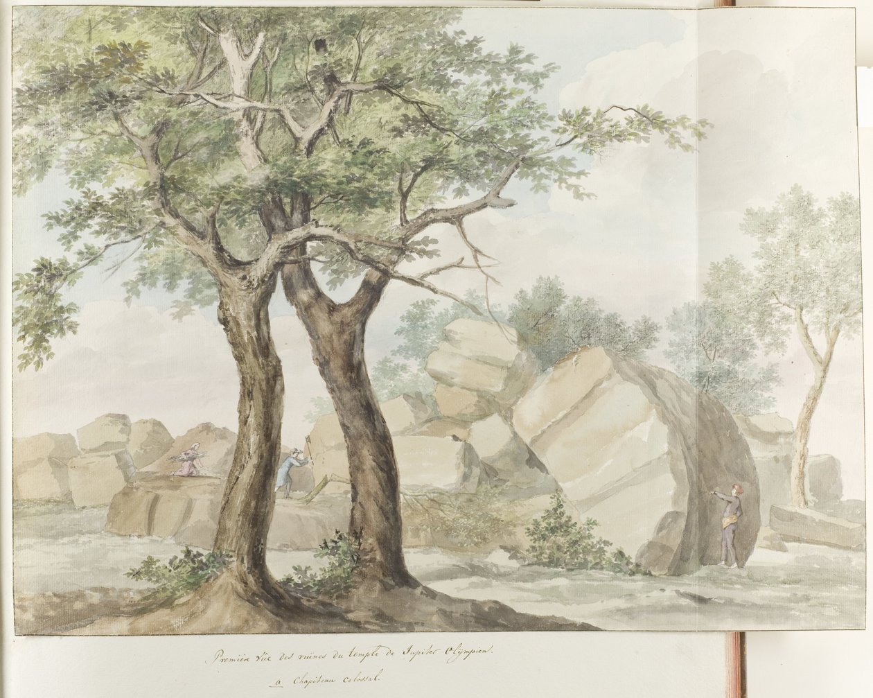 Świątynia Ruïne van Zeus Olympus w oude Agrigento Pierwszy widok ruin świątyni Jowisza Olimpijskiego (tytuł na obiekcie) Podróże po Włoszech, Sycylii i Malcie - 1778 (tytuł serii) autorstwa Louis Ducros
