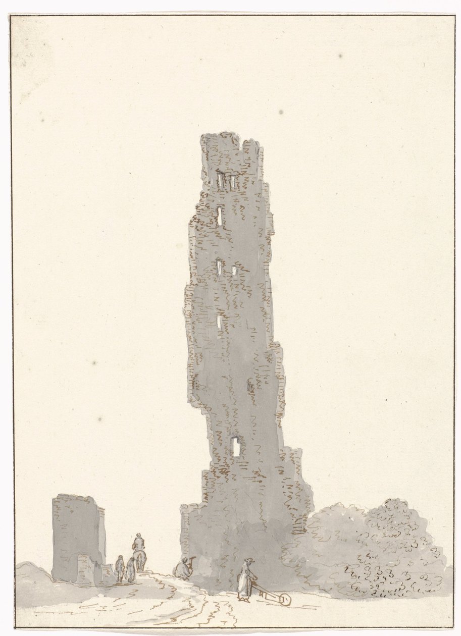 Ruïne van toren langs de grote weg tussen Terracina en Fondi Torre delle sette facciate na głównej drodze między Terracina i Fondi (tytuł na obiekcie) Podróże po Włoszech, Sycylii i Malcie - 1778 (tytuł serii) autorstwa Louis Ducros