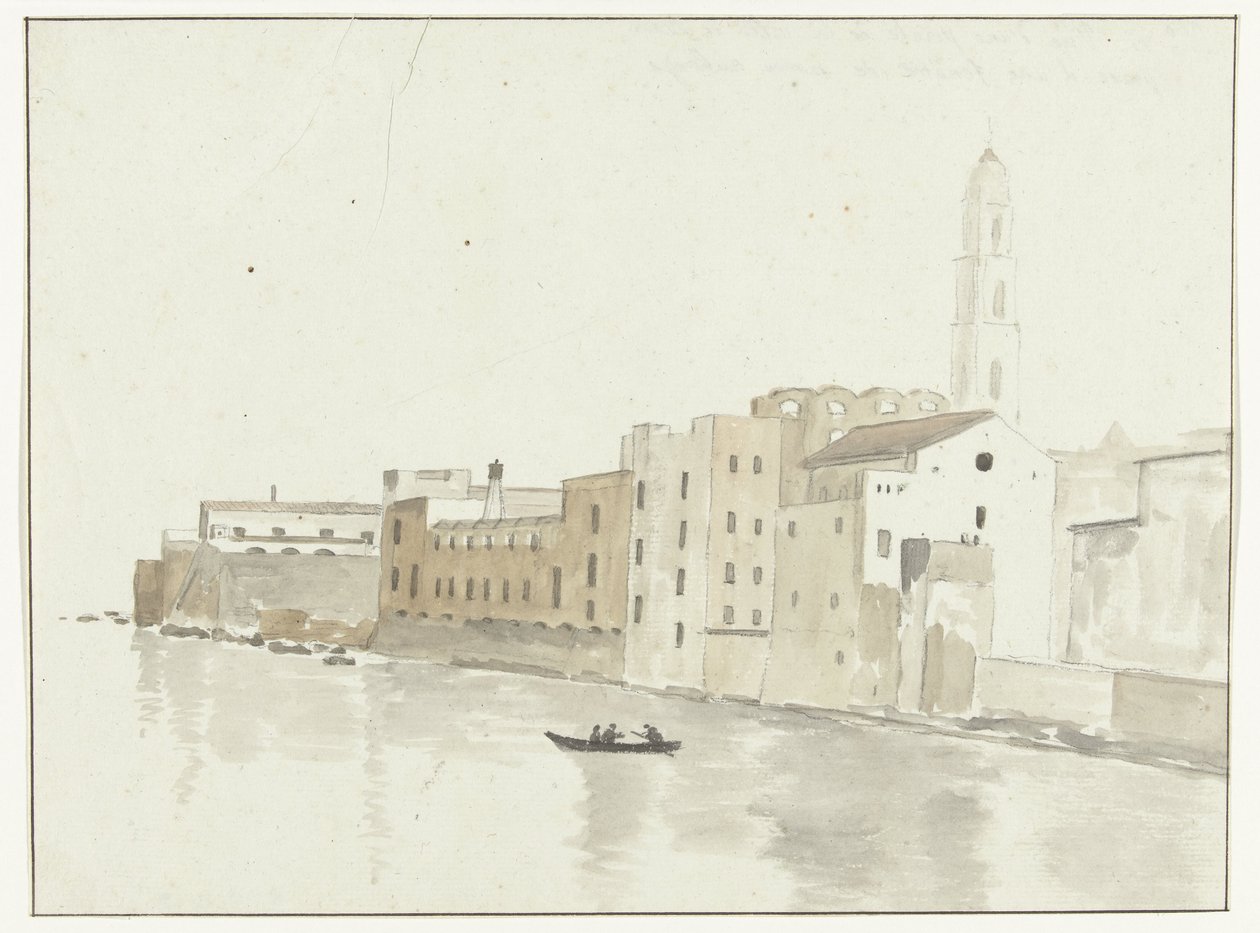 Stadsgezicht in Bari vanuit een raam in de herberg Widok na punkt miasta Bari z okna naszego hostelu (tytuł na obiekcie) Podróże po Włoszech, Sycylii i Malcie - 1778 (tytuł serii) autorstwa Louis Ducros