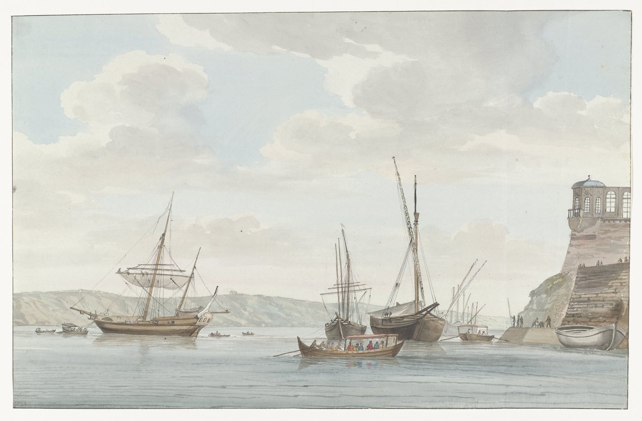 Tuinhuis van de Jardin du Grand Master uittorend boven de haven met galei schepen na Malcie Pavillon du Jardin du Grand-Maître, naprzeciwko Port des Galères w Malthe (tytuł na obiekcie) Podróże po Włoszech, Sycylii i Malcie - 1778 (tytuł serii) autorstwa Louis Ducros