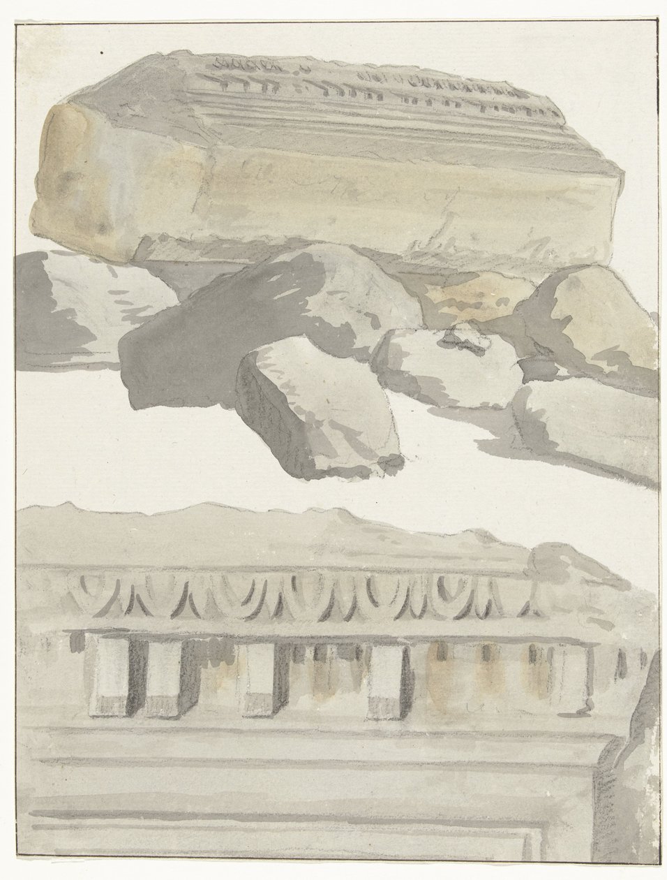 Twee stukken van een architraaf van de antieke temple in de oude stad Manduria Widok pomieszczenia architrawu starożytnej świątyni w starożytnym mieście Manduria Podróże po Włoszech, Sycylii i Malcie - 1778 (tytuł serii) autorstwa Louis Ducros