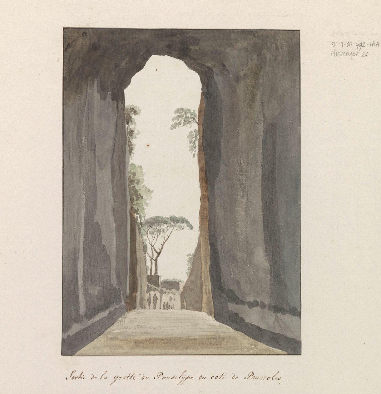 Uitgang van grot Crypta Neapolitana (z Grotta di Posillipo) aan de kust van Pozzuoli Wyjście z jaskini Pausilype w pobliżu Pozzuoli (tytuł na obiekcie) Podróże po Włoszech, Sycylii i Malcie - 1778 (tytuł serii) autorstwa Louis Ducros