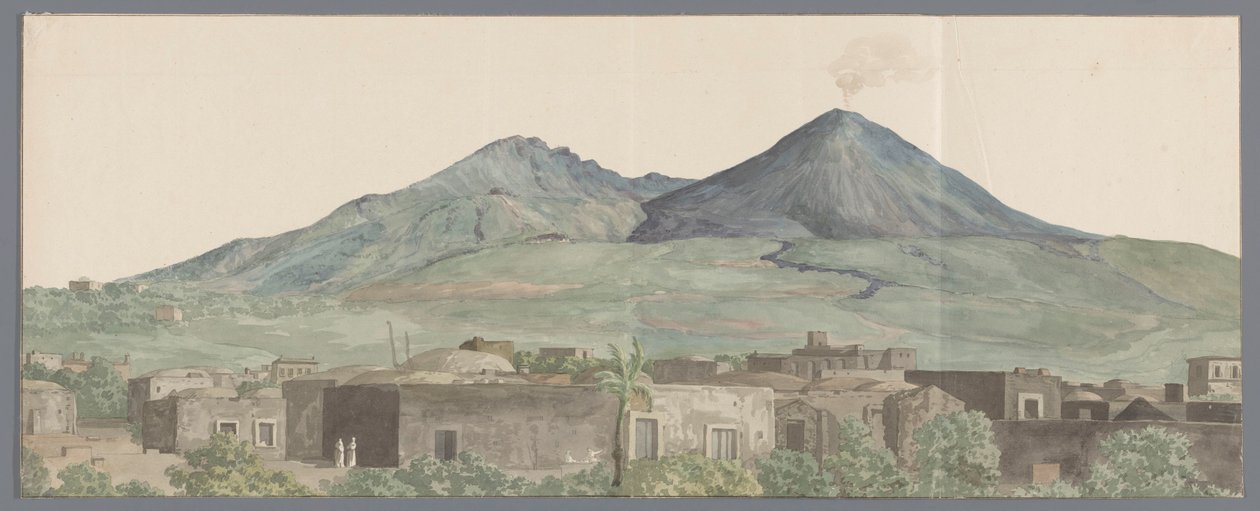 Vesuvius gezien vanaf Portici met lavastromen uit 1777, 1771 en 1731 Wezuwiusz widziany z Portici z lawami z 1777, 1771, 1731 (tytuł na obiekcie) Podróże po Włoszech, Sycylii i Malcie - 1778 (tytuł serii) autorstwa Louis Ducros