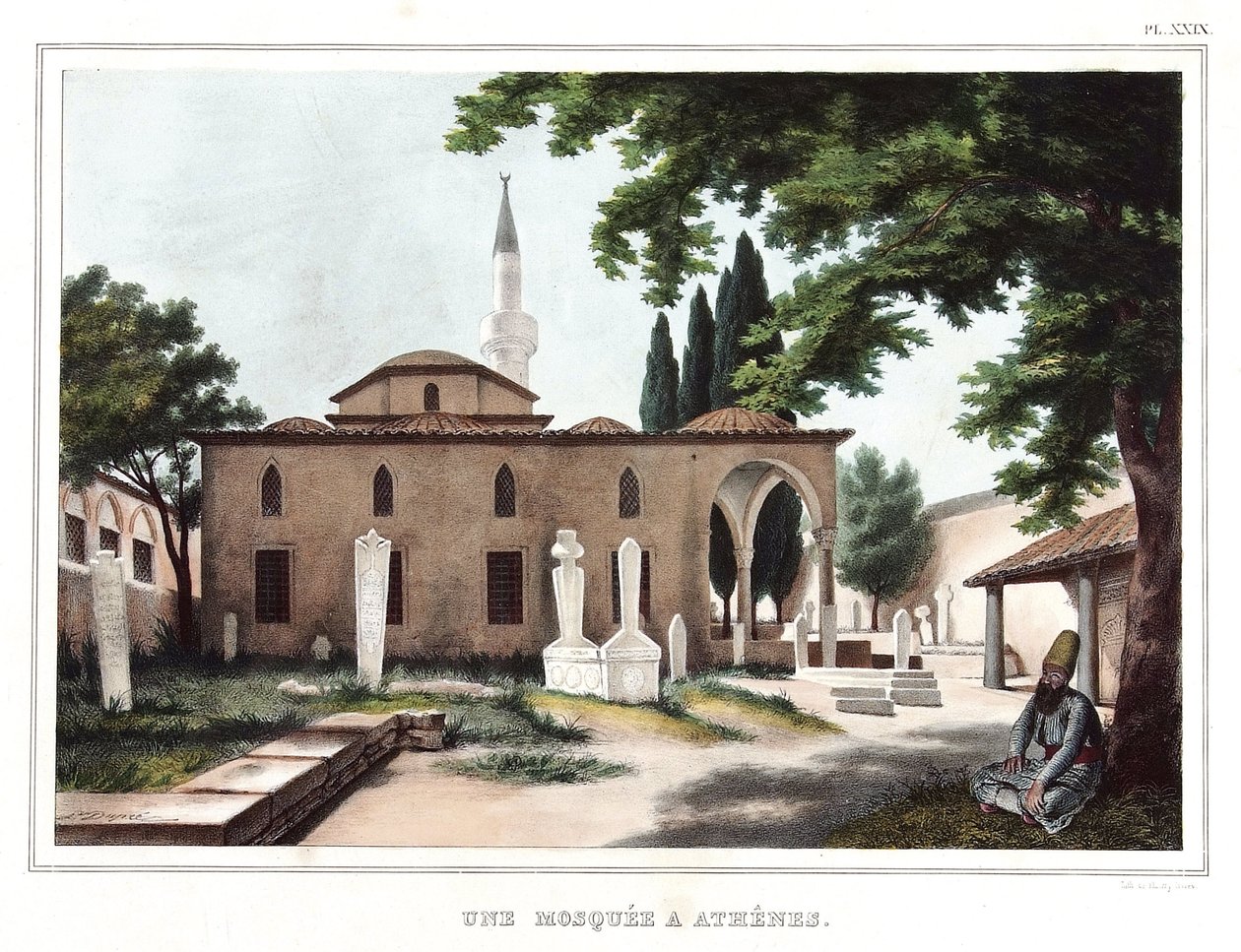 Meczet w Atenach. w „”Podróż do Aten i Konstantynopola”, czyli zbiór portretów, widoków i kostiumów greckich i osmańskich, malowanych na miejscach natury, litografiach i kolorystykach autorstwa Louisa Dupre (1789-1837), ucznia Dawida.1825. autorstwa Louis Dupré