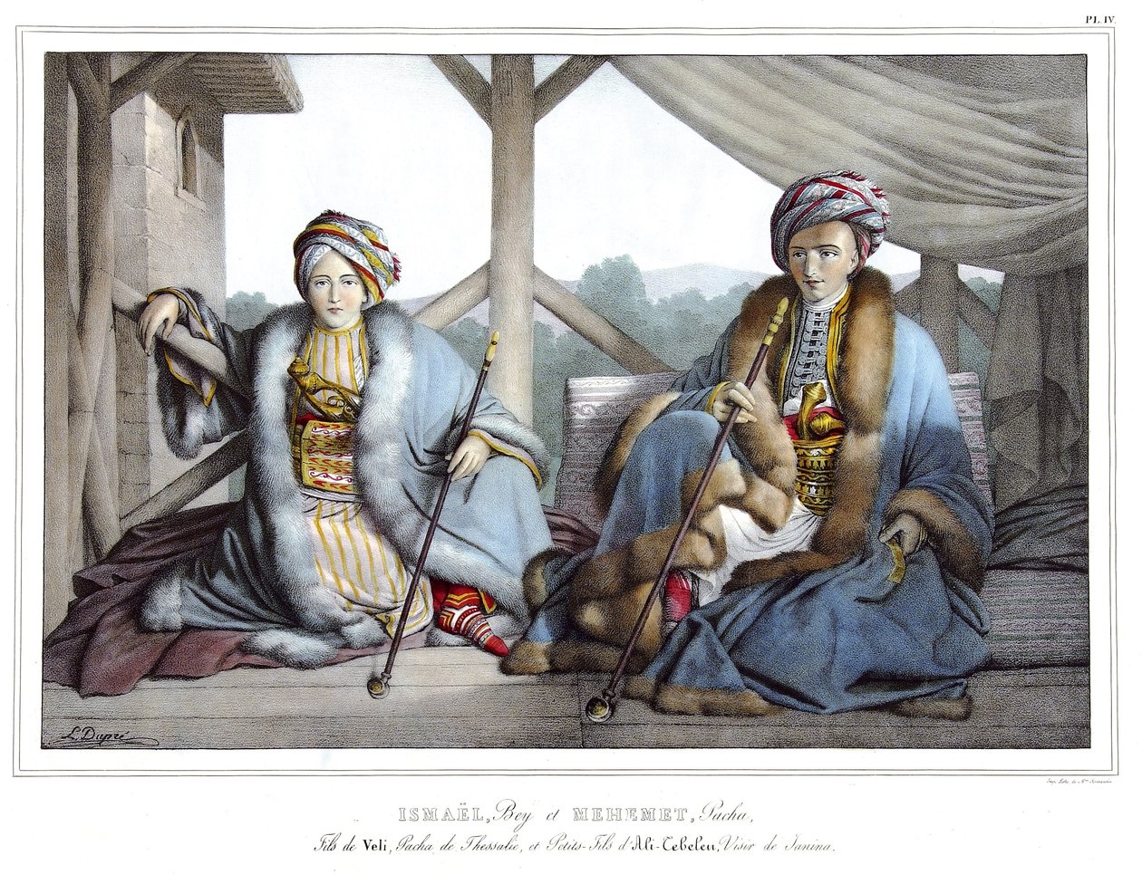 Ismael, Bey i Mehemet Pasza, syn Veliego, pasza Tesalii i wnuk Ali Tebelen (1741-1822), wezyr Janiny, w „Podróży do Ateny i Konstantynopola”, czyli zbiorze portretów greckich i osmańskich, widoków i kostiumów, malowane na miejscach natury autorstwa Louis Dupré