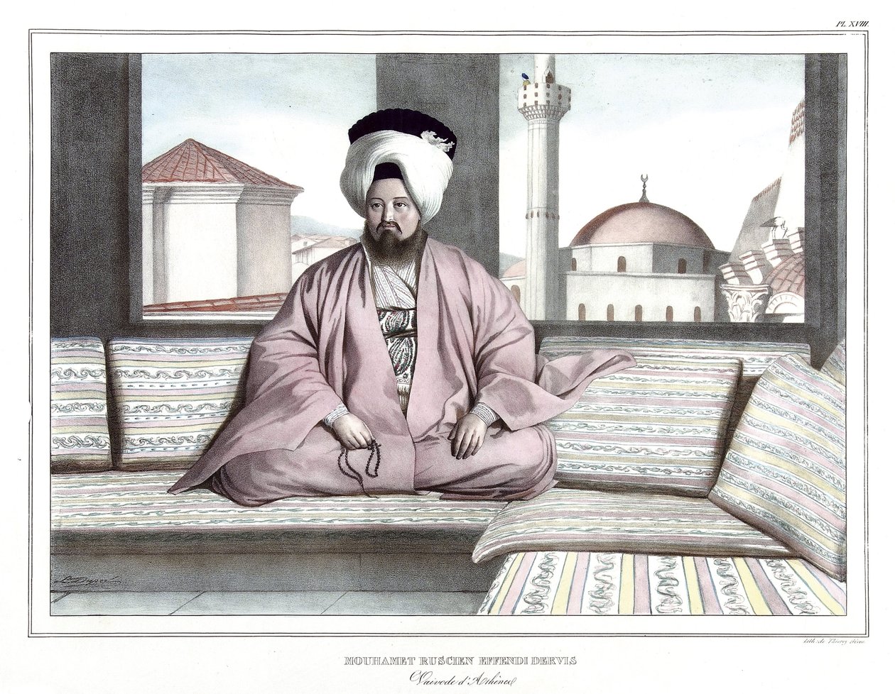 Mouhamet Ruscien Effendi Dervis, wojewoda Aten. w „Podróż do Aten i Konstantynopola”, czyli zbiór greckich i osmańskich portretów, widoków i kostiumów, malowanych na miejscach przyrody, litografii i kolorystyki autorstwa Louisa Dupre (1789-1837), ucznia Da autorstwa Louis Dupré
