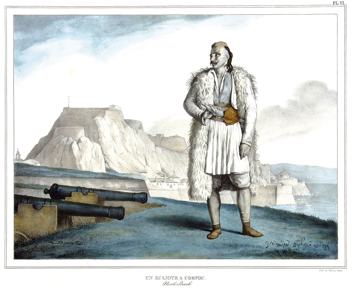 Suliote na Korfu, Nicolo Pervoli, w „Podróży do Aten i Konstantynopola”, czyli zbiór greckich i osmańskich portretów, widoków i kostiumów, malowanych na miejscach po naturze, litografie i kolorystykach autorstwa Louisa Dupre (1789-1837), ucznia Dawida .182 autorstwa Louis Dupré