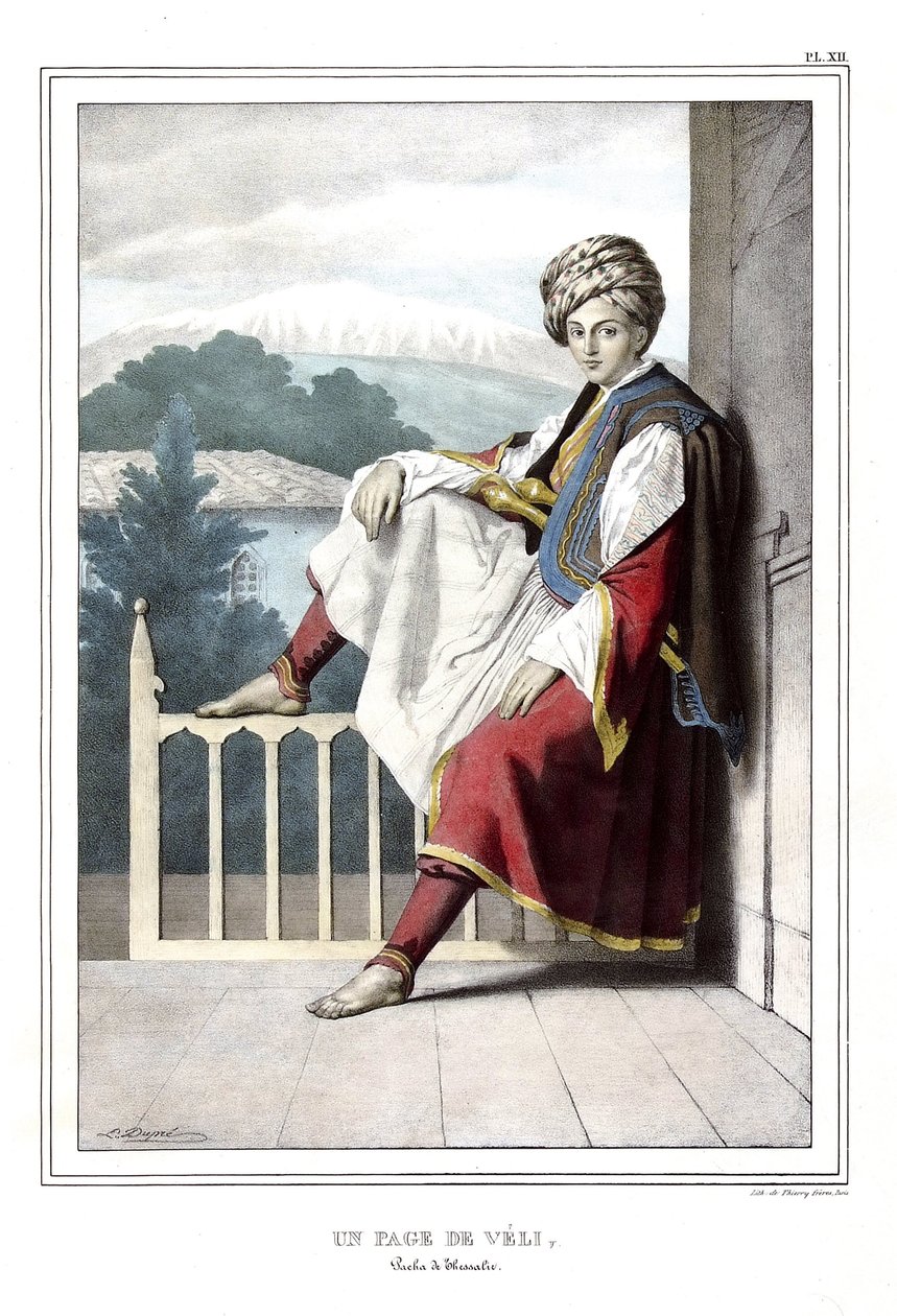 Strona Veli, pasha deThessalie. w „Podróż do Aten i Konstantynopola”, czyli zbiór portretów, widoków i kostiumów greckich i osmańskich, malowanych na miejscach przyrody, litografii i kolorystyki autorstwa Louisa Dupre (1789-1837), ucznia Dawida.1825. autorstwa Louis Dupré