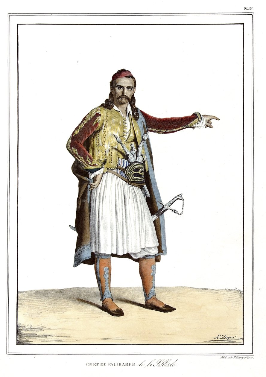 Szef kuchni Palikares de la Scllade, w „Podróży do Ateny i Konstantynopola”, czyli kolekcji portretów greckich i osmańskich, widoków i kostiumów, malowanych na miejscach po naturze, litografii i kolorystyki autorstwa Louisa Dupre (1789-1837), ucznia Dawida autorstwa Louis Dupré
