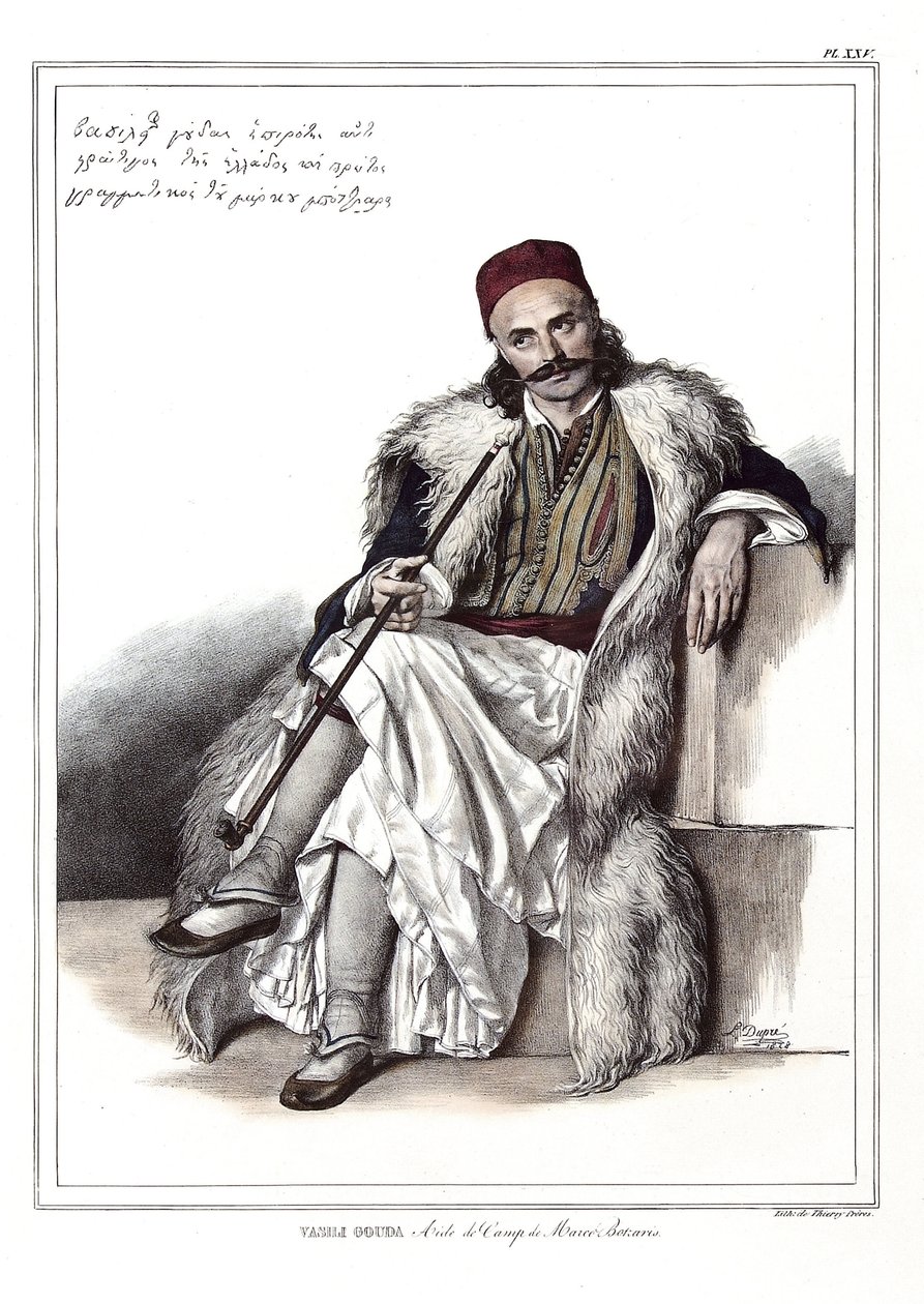 Vasili Gouda, adiutant Marca Botzarisa (1788-1823). w „Podróży do Aten i Konstantynopola”, czyli zbiorze portretów, widoków i kostiumów greckich i osmańskich, malowanych na miejscach po naturze, litografiach i kolorystykach autorstwa Louisa Dupre (1789-183 autorstwa Louis Dupré