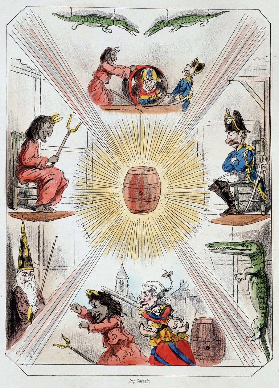 Le tonneau - Litografia, z Theatre des marionnettes du jardin des Tuileries, tekst i rysunek Louisa Edmonda Duranty