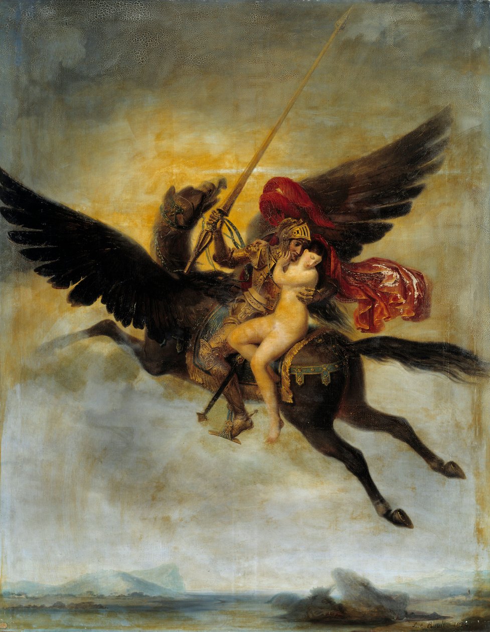 Roger Delivering Angelique Angelique Delivered to a Monster by Pirates zostaje wydana przez Rogera jeżdżącego na hipopazuru. Ilustracja do „”The Furious Roland”” Ludovica Ariosto (Ariosto). Obraz Louisa Edwarda Rioulta (1790-1855) 1824 Nd. 2 autorstwa Louis Edouard Rioult