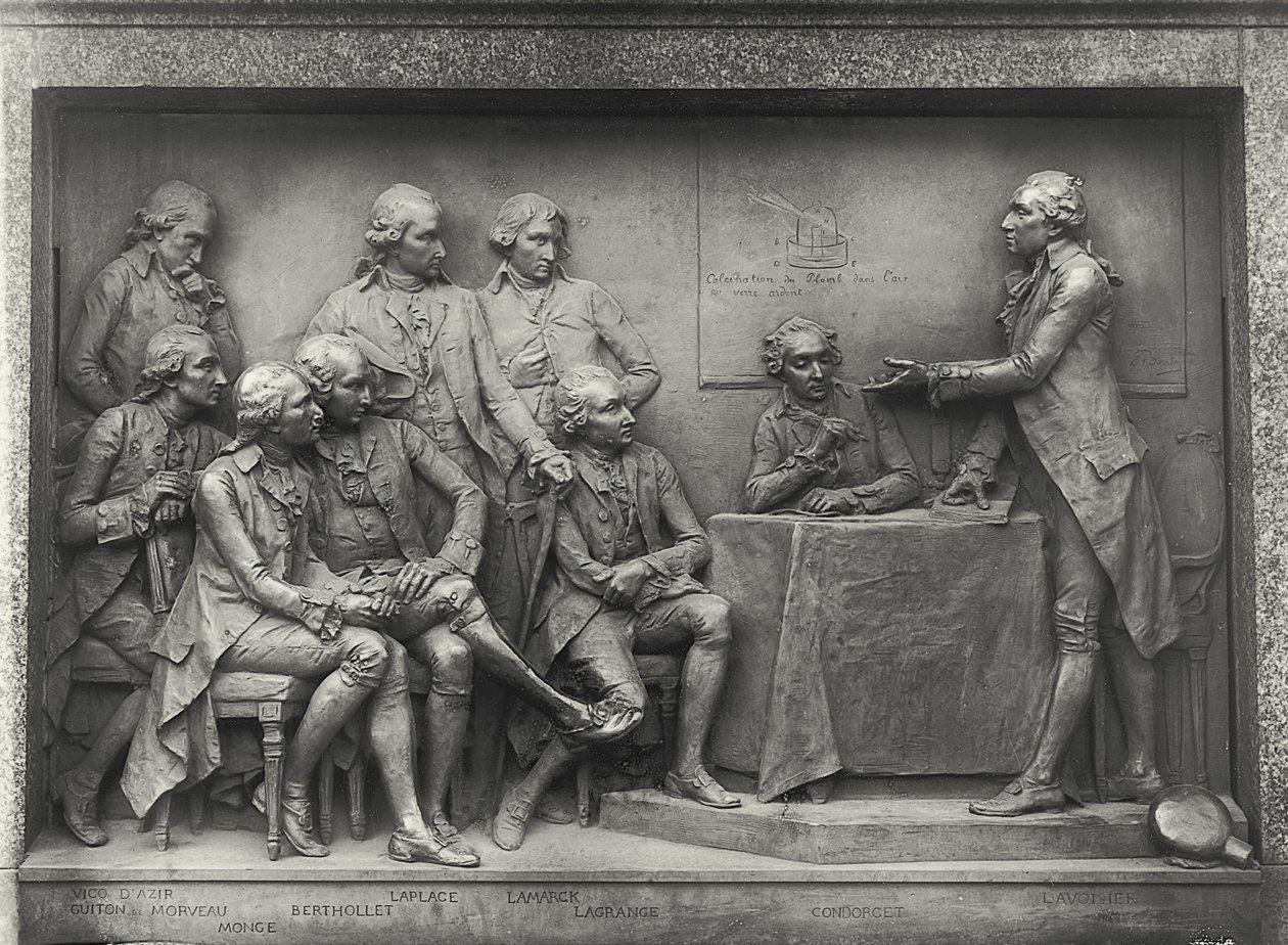 Antoine Laurent Lavoisier (1743-94) wyjaśniający swoją analizę powietrza kolegom (brąz) (zdjęcie czarno-białe) autorstwa Louis Ernest Barrias