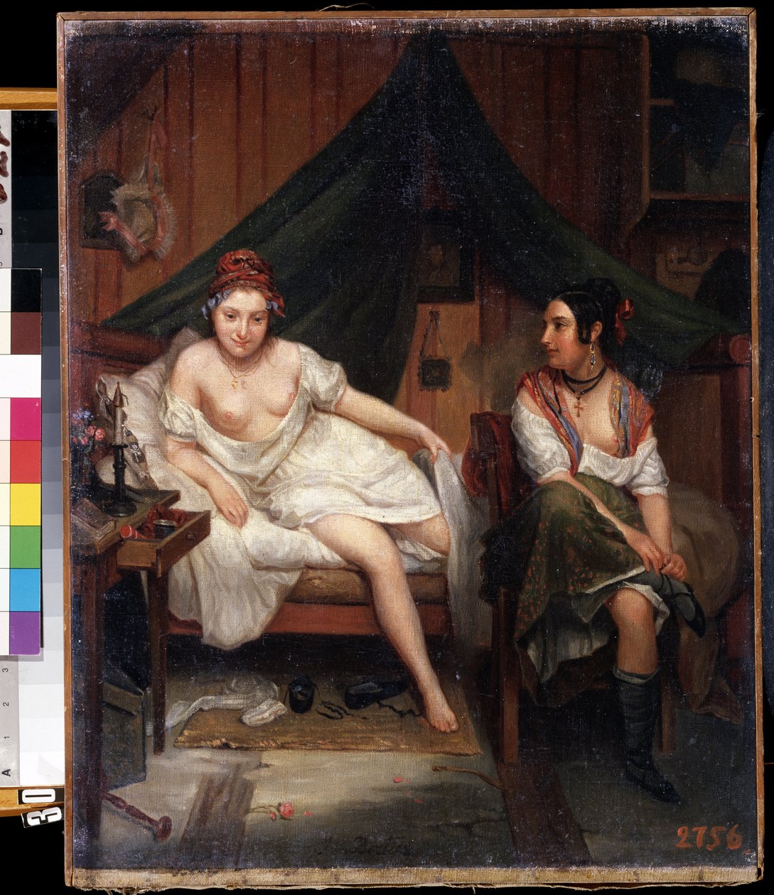 ""Portret dwóch młodych kobiet w peniuaru, budzących się po nocy miłości (?)"" (dwie dziewczyny) Obraz Louis Eugene Bertier (1809-?) XIX-wieczne Muzeum Sztuki Michaiła Kroszyckiego, Sewastopol (Sewastopol) Ukraina autorstwa Louis Eugene ) Bertier
