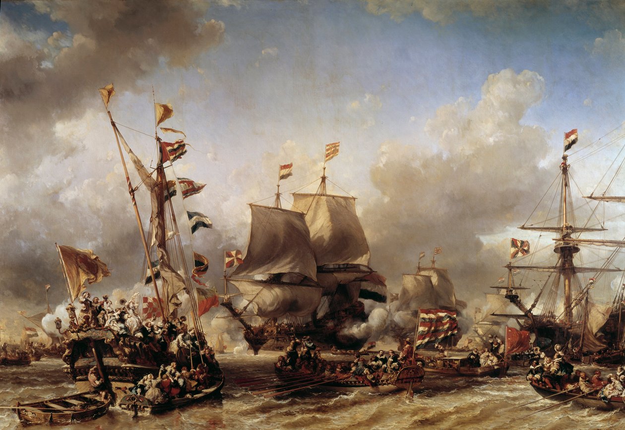 Wojna angielsko-holenderska: „” Nabrzeże holenderskiego admirała Michela Adriena Ruytera (1607-1676) i Williama de Witta w bitwie pod Texel”” Obraz Louisa Gabriela Eugene Isabeya (1803-1886) XIX w. Toulon, muzeum marynarki wojennej autorstwa Louis Eugene Gabriel Isabey