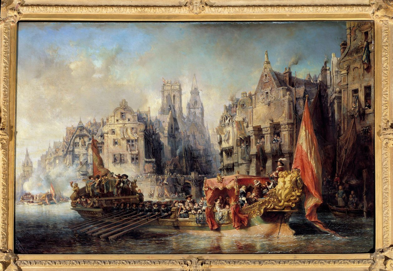 Przybycie księcia Alby do Rotterdamu w 1567 r. Statki Ferdynanda Alvare de Toledo (lub Fernando Alvareza de Toledo y Pimentel), księcia Alby, gubernatora Flandrii (1508-1582) w mieście. Obraz Eugene Isabey (1803-1886) autorstwa Louis Eugene Gabriel Isabey