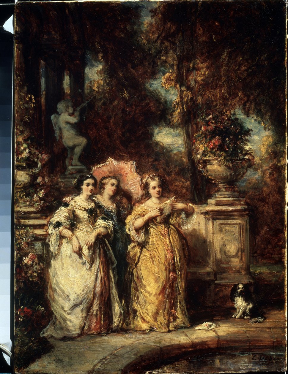 ""La promenade"" (Spacer) Trzy młode dziewczyny z dobrej rodziny w parku. Obraz Louis Gabriel Eugene Isabey (1803-1886) 1852 Muzeum Puszkina, Moskwa autorstwa Louis Eugene Gabriel Isabey