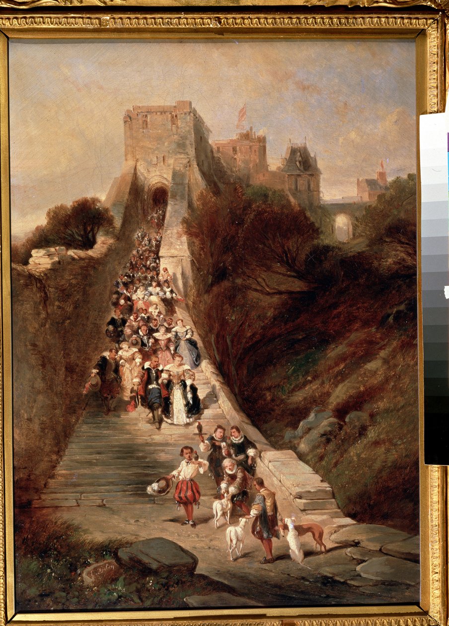 „Opuszczanie zamku” (Opuszczanie zamku) Grupa panów i pań z XVII wieku schodzi po okazałych schodach wejściowych zamku. Obraz Louisa Gabriela Eugene Isabeya (1803-1886) XIX-wieczne Muzeum Puszkina, Moskwa autorstwa Louis Eugene Gabriel Isabey