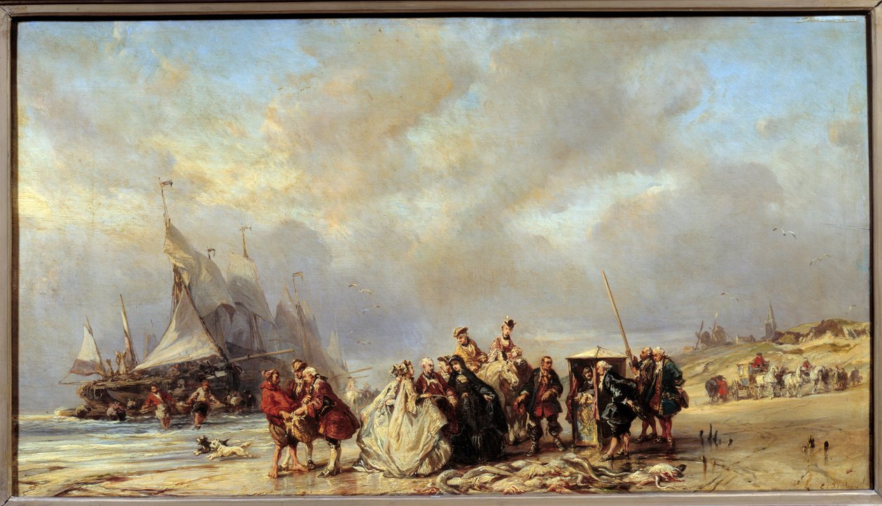 Lordowie na plaży scheveningue kupują ryby (XVIII wiek). Obraz Louisa Gabriela Eugene Isabeya (1803-1886) autorstwa Louis Eugene Gabriel Isabey
