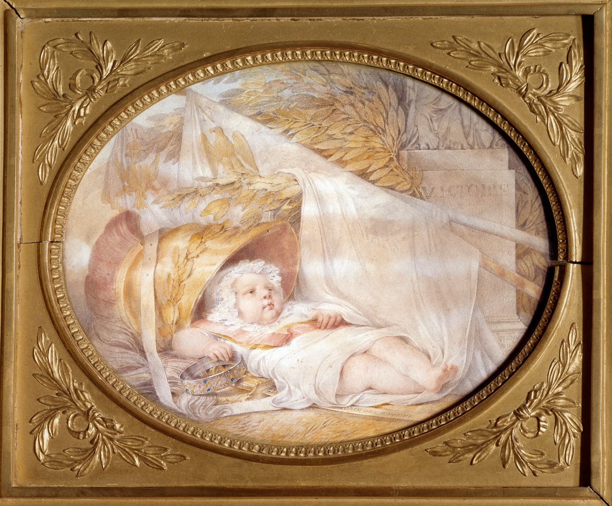 Portret króla rzymskiego bebe (1811-1832) w hełmie Marsa Napoleona II, księcia Reichstadtu, syna cesarza Napoleona I (1769-1821) noworodka. Czarny kamień i beżowy papier z lawy – Eugene Isabey (1803-1886) Marzec 1811 Ndz. 0,21x0,26 m Malmaison, muzeum d autorstwa Louis Eugene Gabriel Isabey