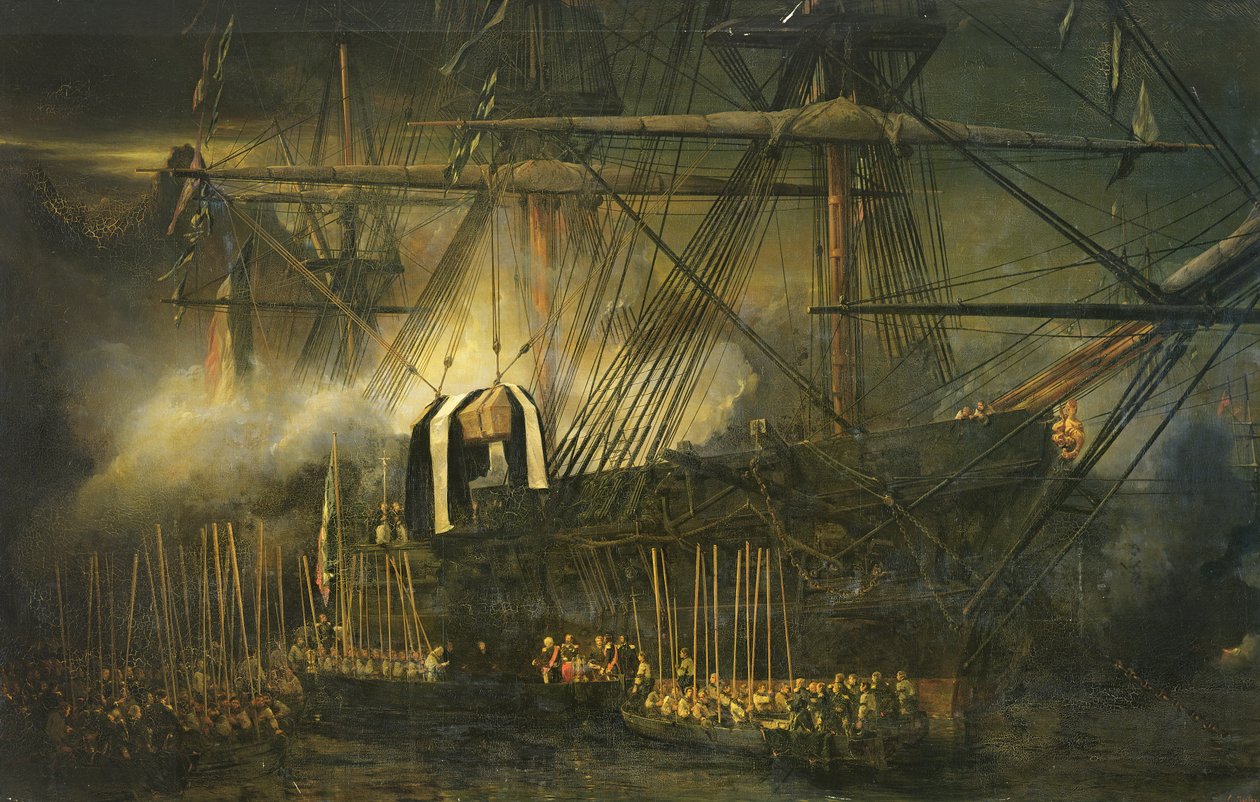 Transport prochów Napoleona na pokładzie „Belle-Poule” na Świętej Helenie, 15 października 1840, 1842 autorstwa Eugene Isabey