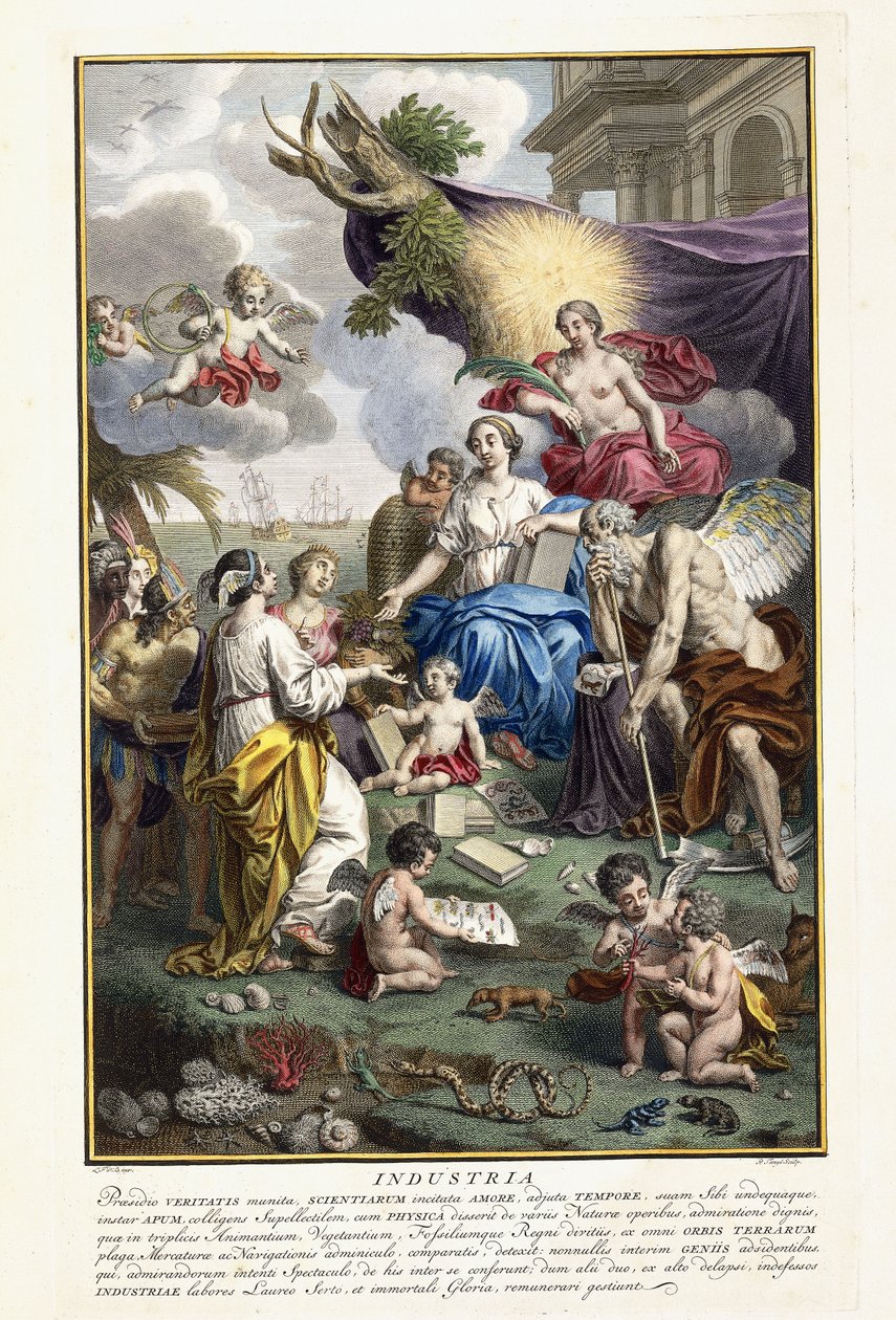 Przemysł, Frontyspis z „Najdokładniejszego opisu skarbów przyrody”, 1734-1765 autorstwa Louis Fabricius Dubourg