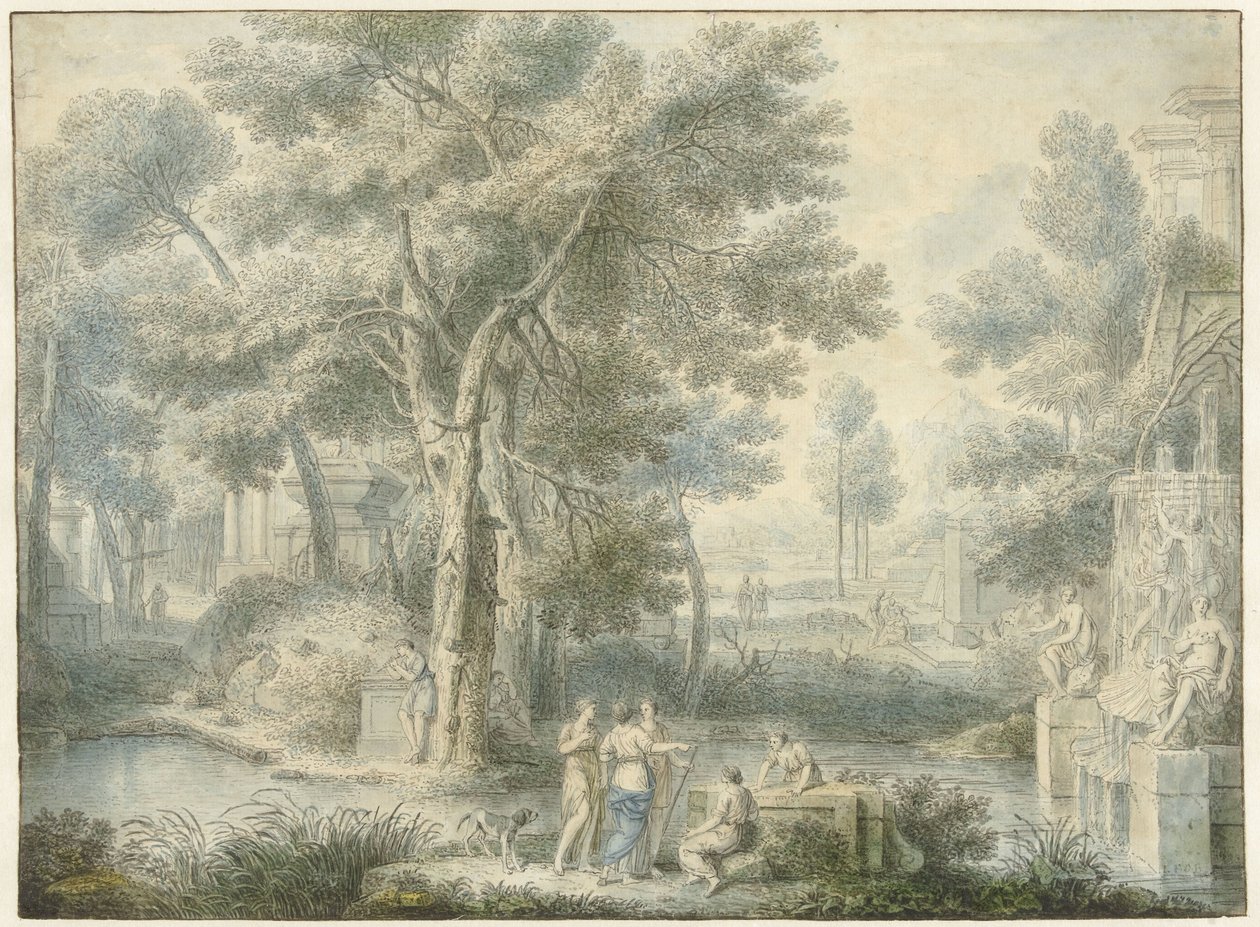 Arkadyjski pejzaż, z fontanną po prawej autorstwa Louis Fabritius Dubourg
