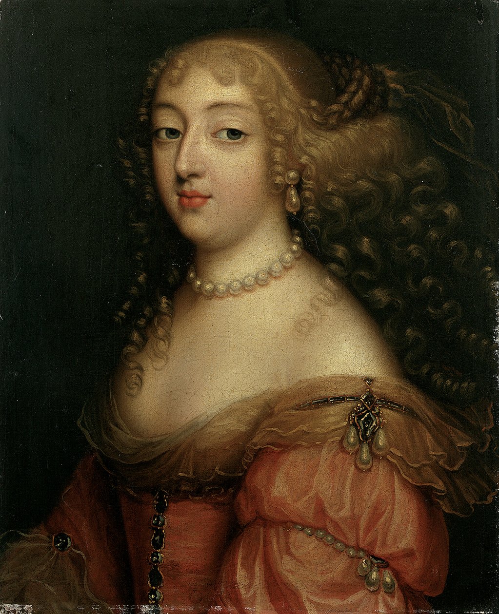 Portret damy, podobno Laura Mancini, Duchesse de Mercoeur, do biustu, w czerwonej sukience, z naszyjnikiem z pereł i kolczykami autorstwa Louis Ferdinand Elle