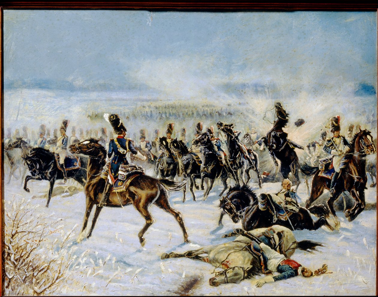 Bitwa pod Eylau, 20 lutego 1807 r. (Bitwa pod Preussisch Eylau 8 lutego 1807). Konfrontacja militarna między francuską Wielką Armią Napoleona I (1769-1821) a Imperium Rosyjskim. Praca Louis Ferdinand Malespina (1874-1940), olej na ca autorstwa Louis Ferdinand Malespina