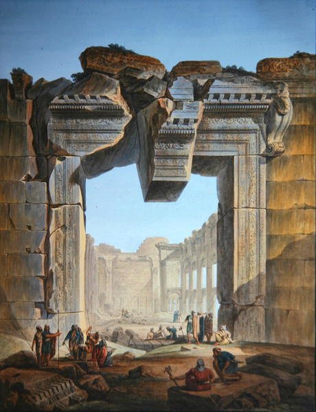 Brama główna świątyni położonej na południe od Świątyni Słońca w Baalbec, ok. 1800 (kolorowe grawerowanie) autorstwa Louis Francois (after) Cassas