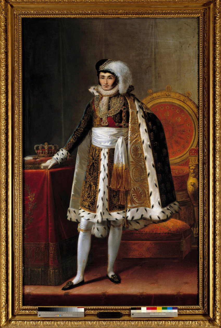 Portret u stóp króla Westfalii Hieronima Bonaparte (1784-1860). W kostiumie dowódcy Orderu Królewskiej Korony Wesfalii, ok. 1810 r. Obraz przypisywany Louisowi Francois Aubry (1767-1851) lub Francois Josephowi Kinsonowi (Kinsoen) (1770-1839). autorstwa Louis Francois (attr. to) Aubry