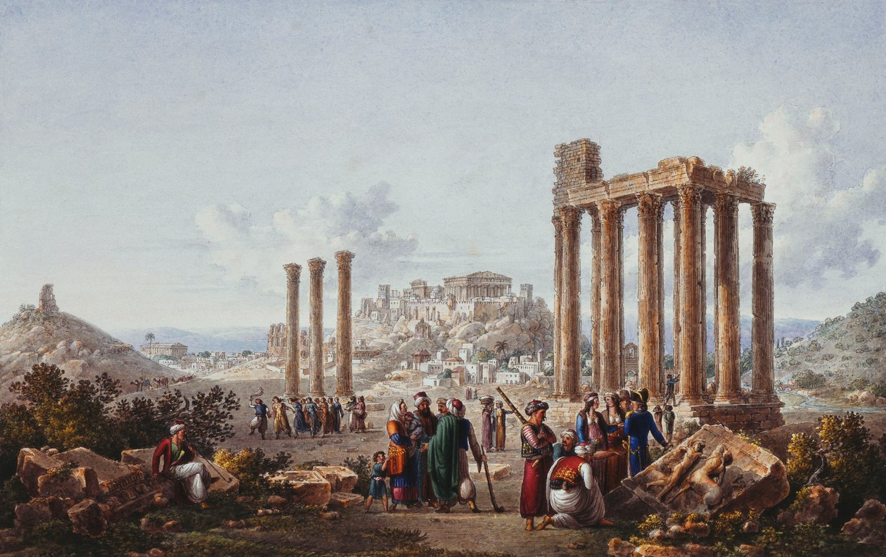 Widok na Akropol w Atenach ze świątyni Zeusa w Olimpii, ok. 1786-87 autorstwa Louis Francois Cassas