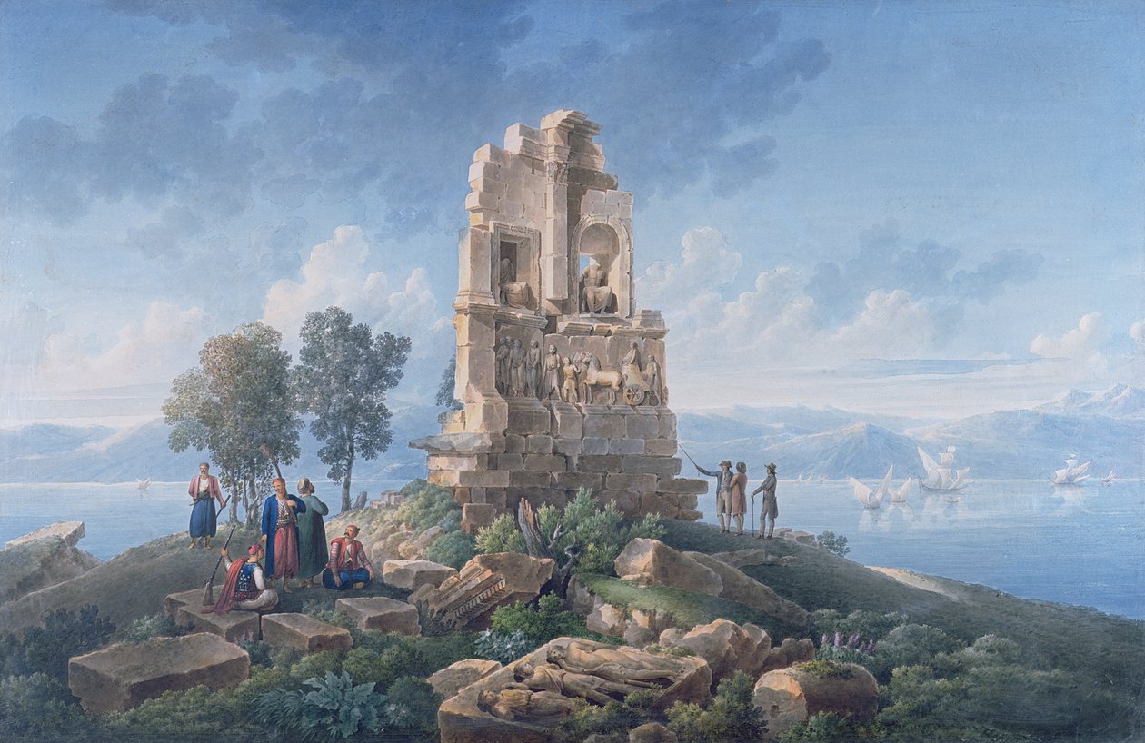 Grób Filopappusa w Atenach z podróżnikami. 1821 (tusz i akwarele) autorstwa Louis Francois Cassas