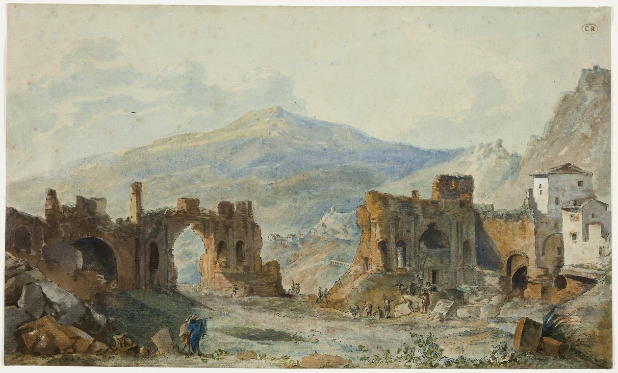Starożytny teatr w Taorminie z widokiem na Etnę, studium do "Pittoresque de Naples et de Sicile" Saint-Nona autorstwa Louis Francois Cassas