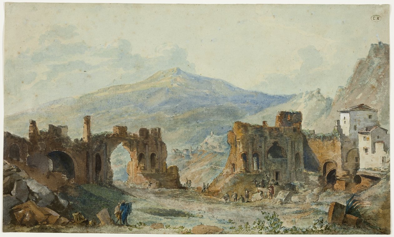 Starożytny teatr w Taorminie z widokiem na Etnę, studium do "Pittoresque de Naples et de Sicile" Saint-Nona autorstwa Louis Francois Cassas