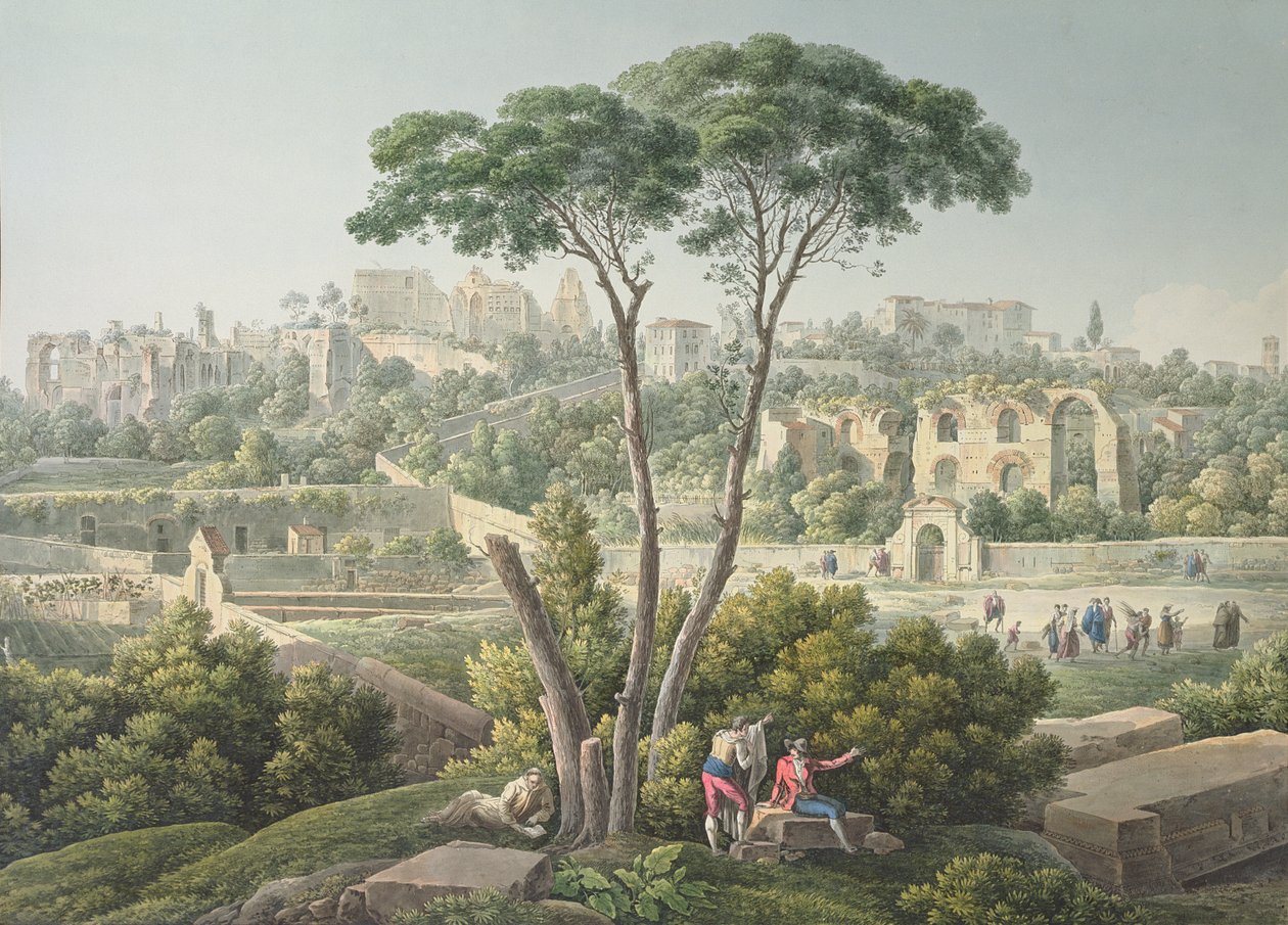Widok na Palatyn w Rzymie z ruinami Pałacu Cesarskiego w tle, ok. 1800 autorstwa Louis Francois Cassas
