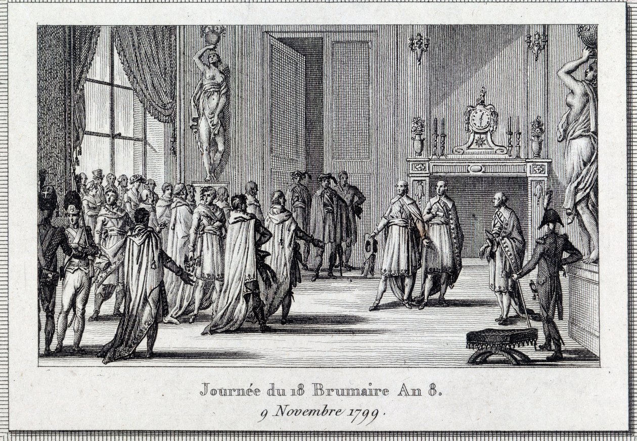 Konsulat: „” Napoleon Bonaparte (1769-1821) na spotkaniu Saint Cloud w dniu 18 brumaire (9/11/1799)” Zamach stanu 18 brumaire dokonany przez Napoleona Bonaparte w Radzie Pięciu centów (5 centów ) (pokój 500), chroniony przez grenadierów, kończy D autorstwa Louis Francois Couche