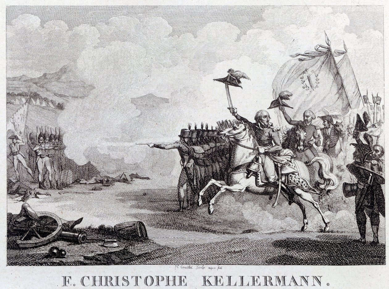 Rewolucja Francuska: „” generał i marechal Francois Christophe Kellermann (1735-1820) podczas bitwy pod Valmy 20.09.1792”” Grawer Louis Francois Couche (1782-1849) XVIII-wieczny Paryż, Musee Carnavalet autorstwa Louis Francois Couche
