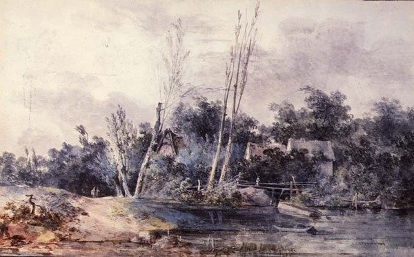 Domki i wierzba nad potokiem z figurami autorstwa Louis Gabriel Moreau