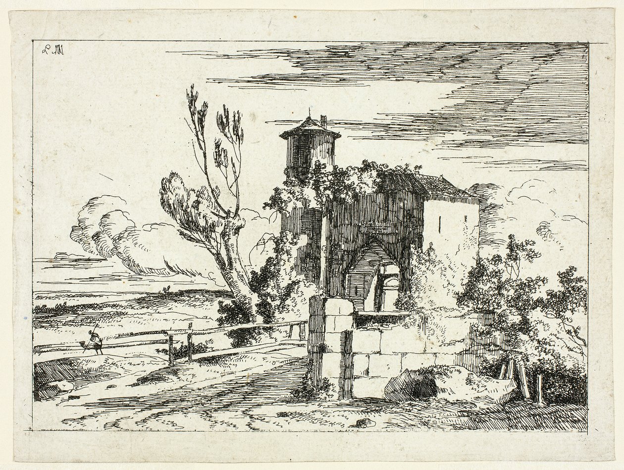 Krajobraz ze starą bramą autorstwa Louis Gabriel Moreau
