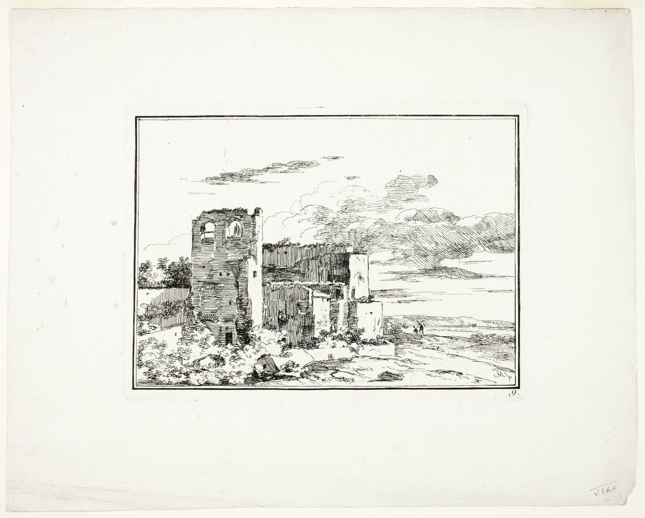 Zrujnowane budynki w pobliżu brzegu rzeki, płyta 9 z Quatrieme suite de paysages dessinés et grave a l