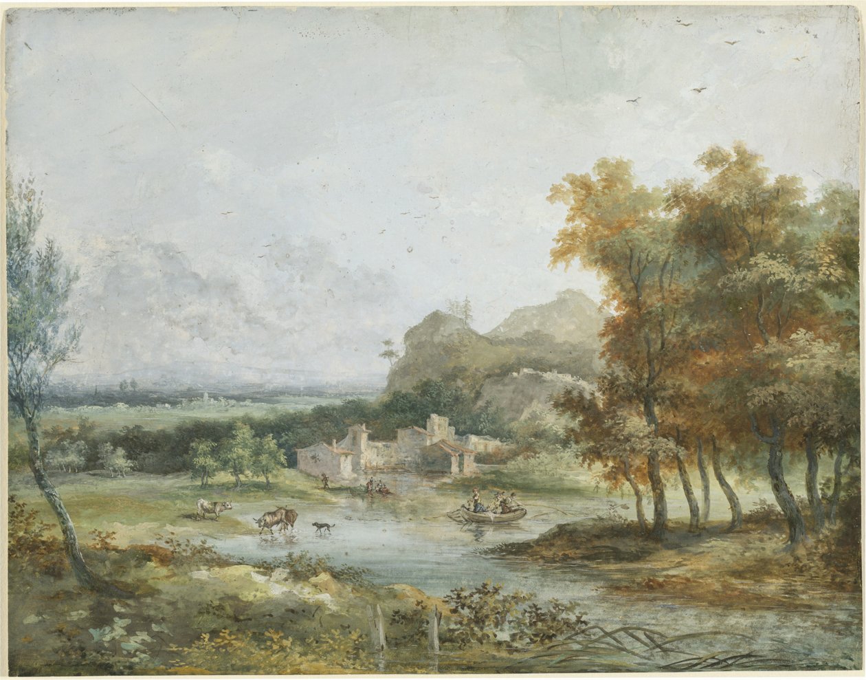 Włoski pejzaż z łódką autorstwa Louis Gabriel Moreau the Elder