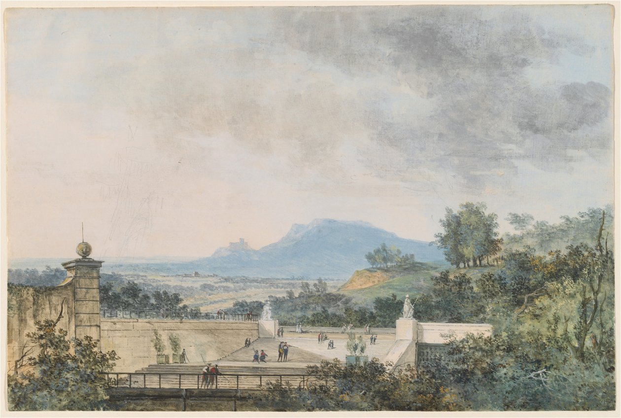Panoramiczny widok na park tarasowy autorstwa Louis Gabriel Moreau the Elder