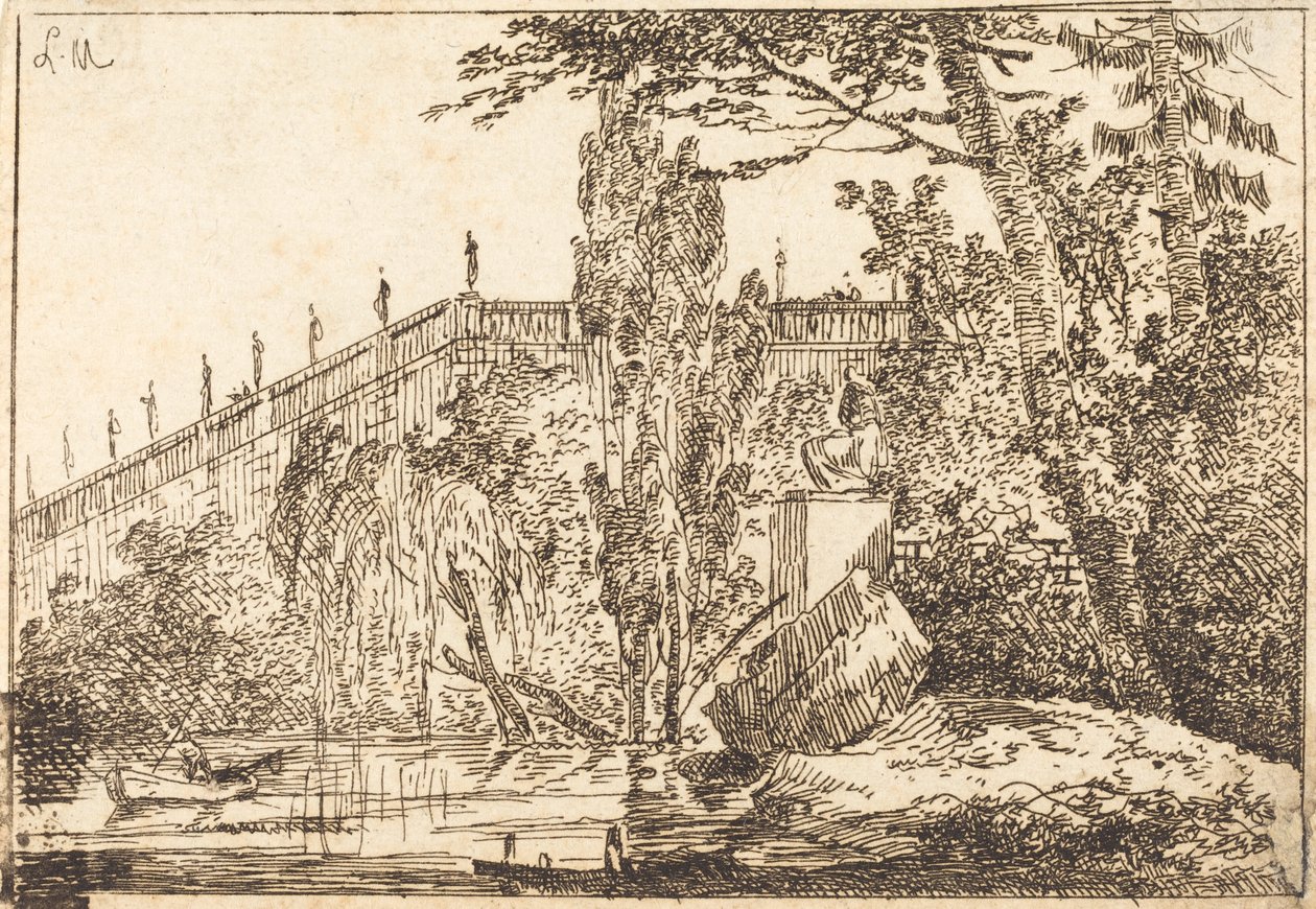 Park z tarasem i balustradą z posągami autorstwa Louis Gabriel Moreau the Elder