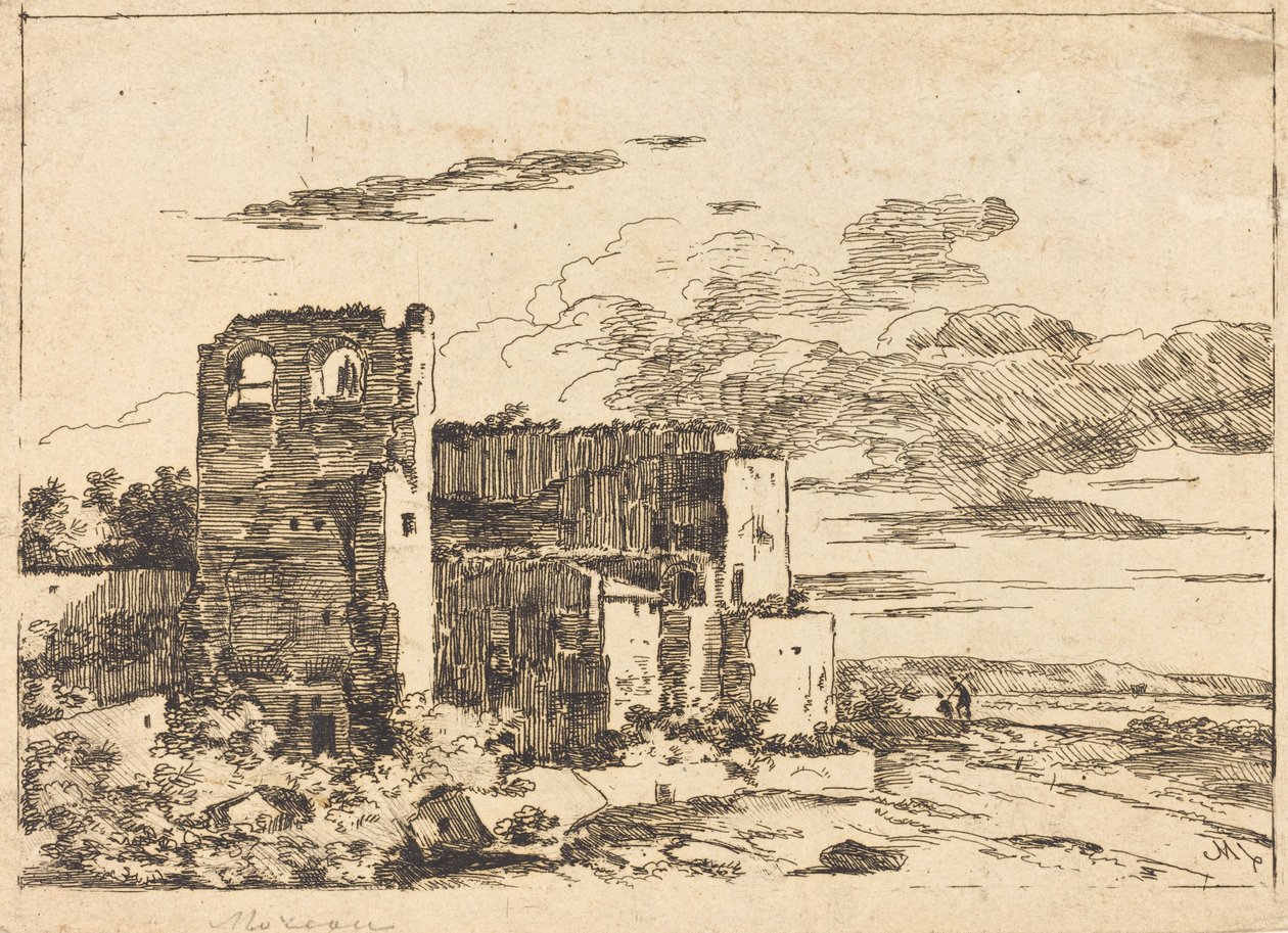 Zrujnowane budynki w pobliżu brzegu rzeki autorstwa Louis Gabriel Moreau the Elder