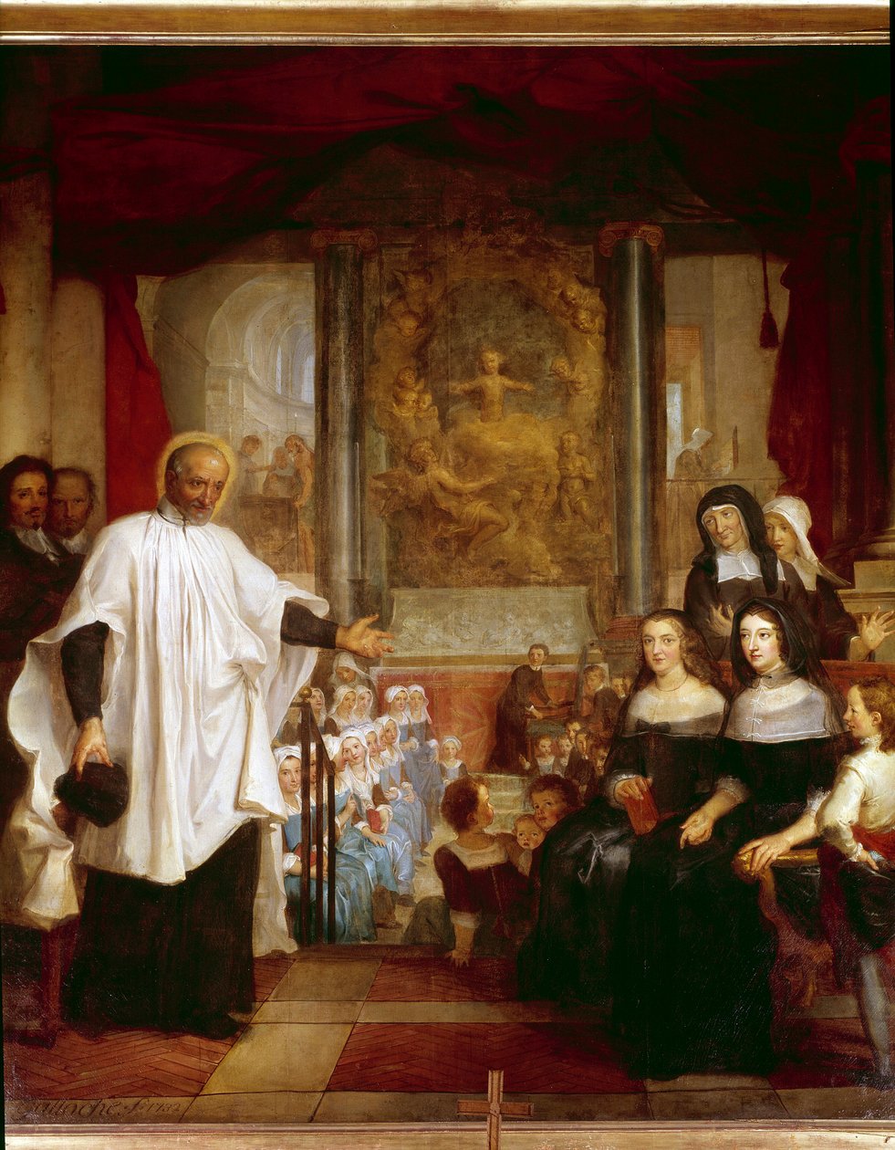 Św. Wincenty a Paulo odwiedza instytucję dzieci odnalezioną przed paniami miłosierdzia. obraz Louisa Galloche z 1732 r. Paryż, kościół św. Małgorzaty autorstwa Louis Galloche